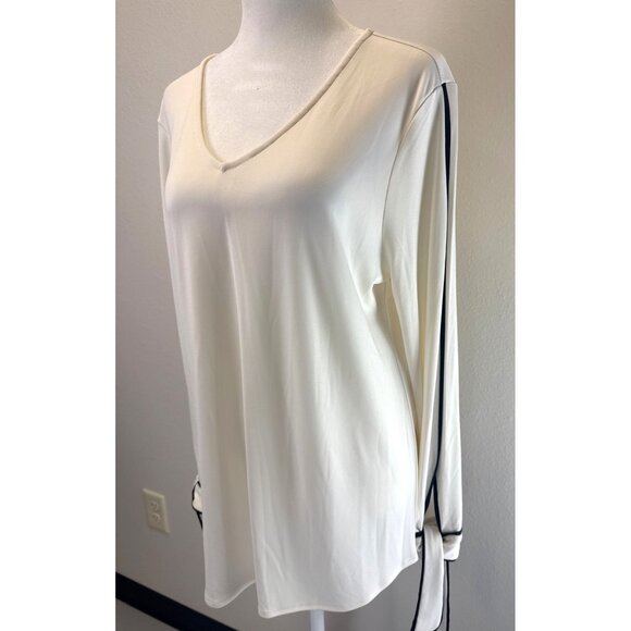 NTW Anne Taylor Elegant White V-Neck Blouse & Black Trim Large Light Academia - Picture 3 of 13